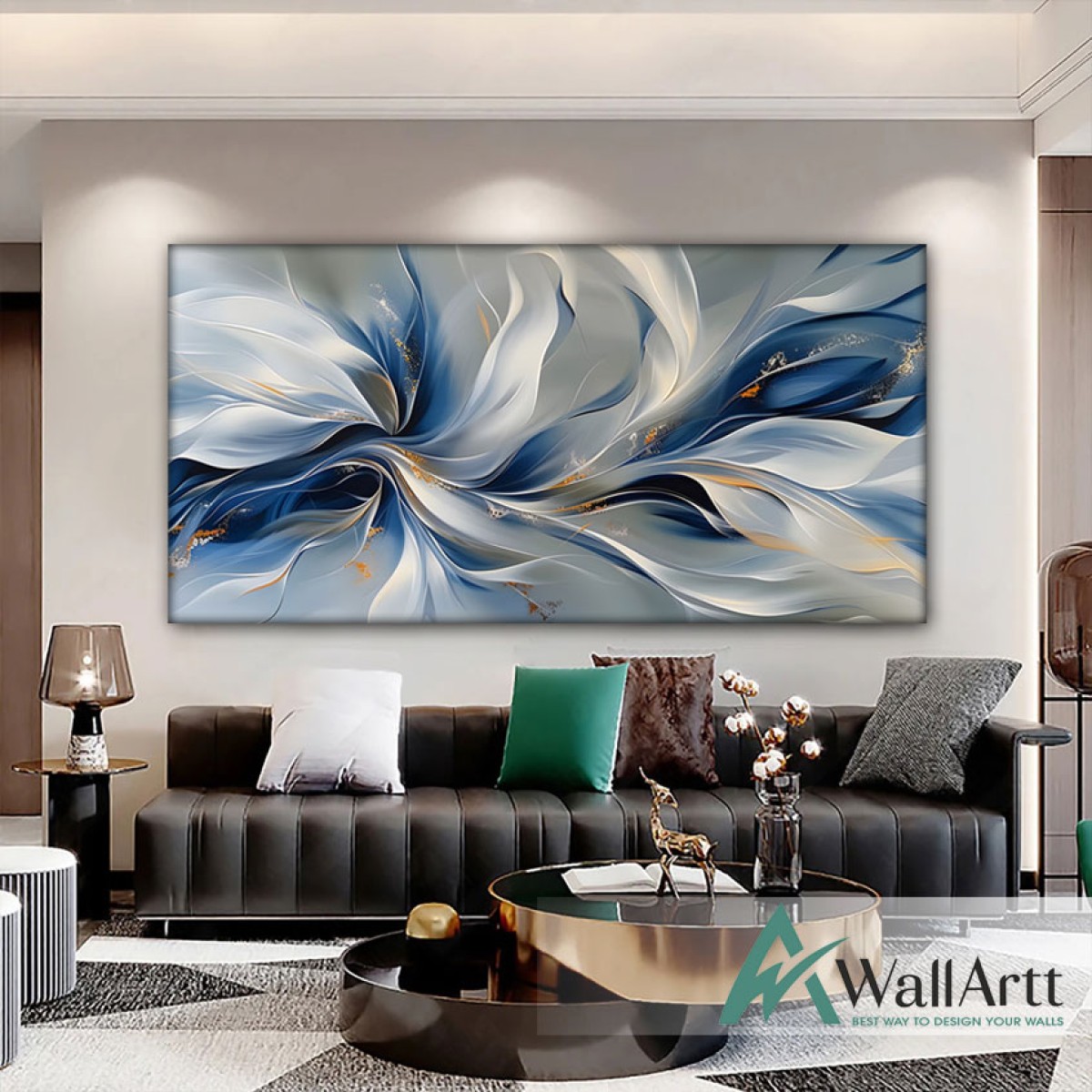 White Blue with Orange Textured Partial Oil Painting - Wall Art